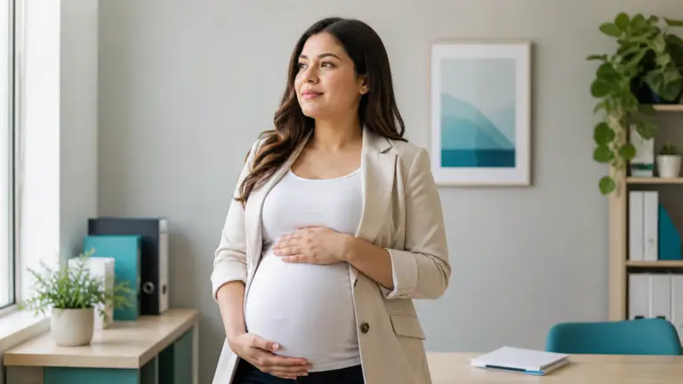 Trabalhadora gestante em ambiente de escritório com a mão sobre a barriga, ilustrando a estabilidade da gestante prevista pela CLT e pela Constituição